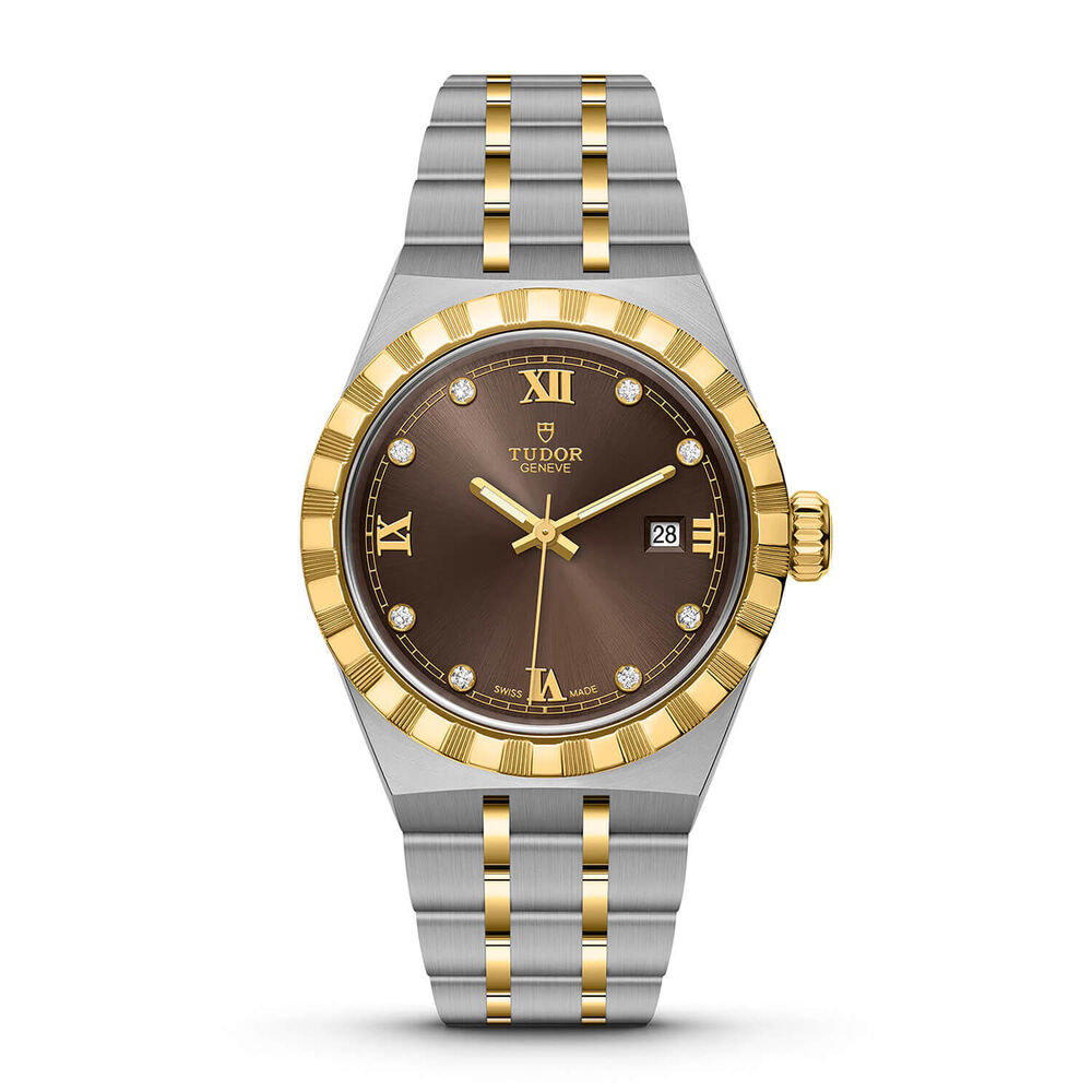 TUDOR Royal 28mm Chocolate Diamond Dot Dial Yellow Gold Bezel Watch image number 0