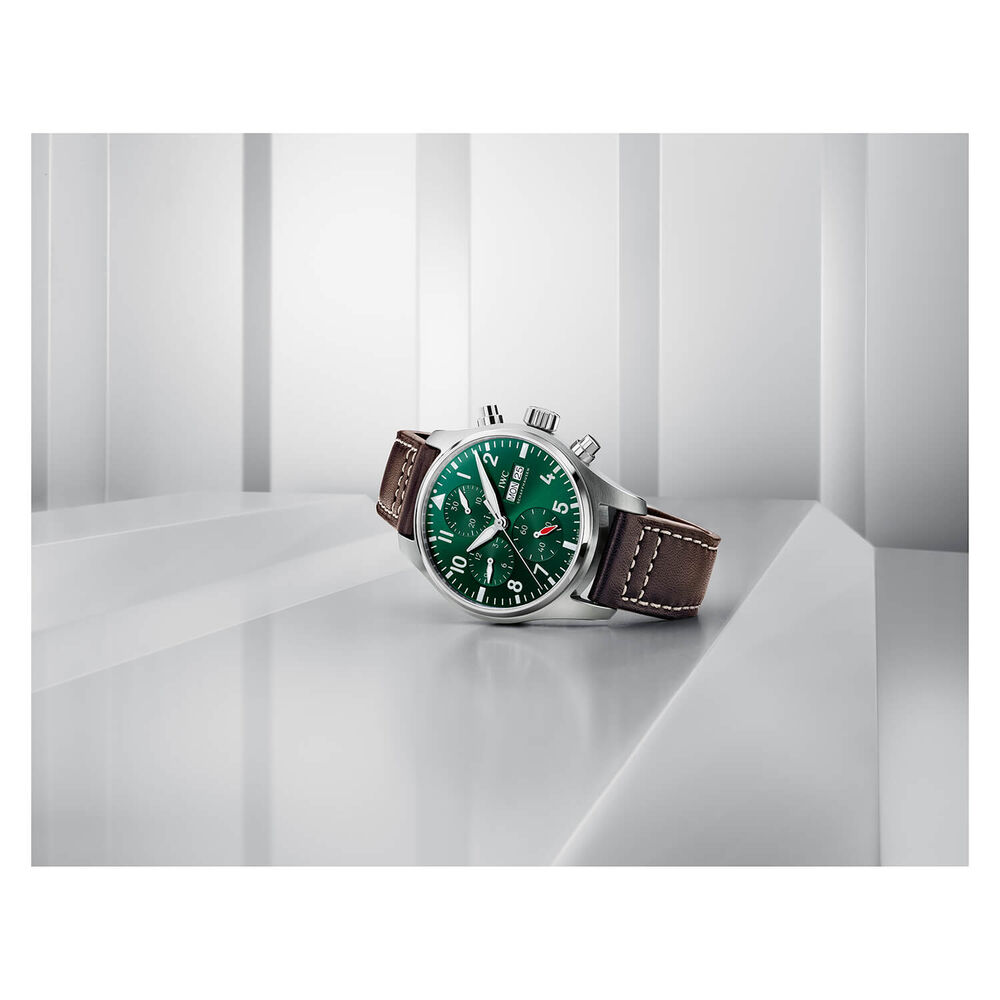 IWC Schaffhausen Pilot's Chronograph 41 Green Dial Steel Case Brown Leather Strap image number 2