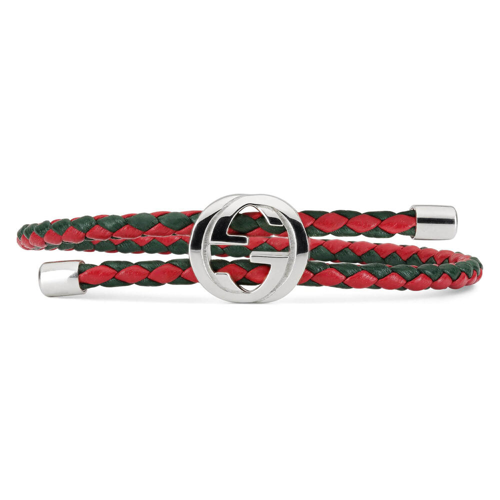 Gucci Sterling Silver Charm Red & Green Leather Bracelet