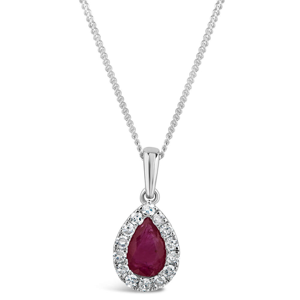 9ct White Gold 0.12ct Diamond and Ruby Pear Halo Pendant