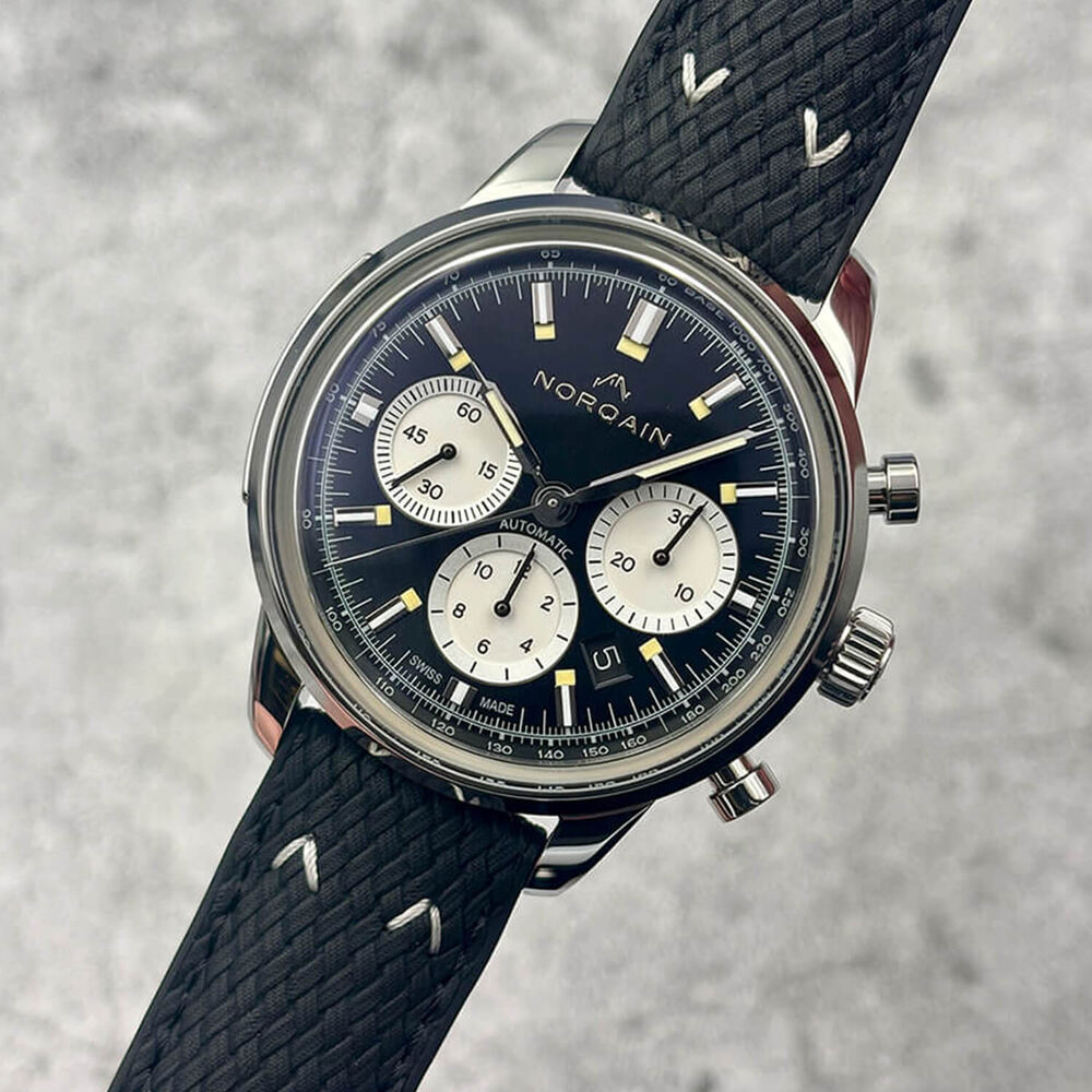 NORQAIN Freedom 60 Chronograph 43mm Black Dial & Silver Counters Perlon Rubber Strap Watch image number 3