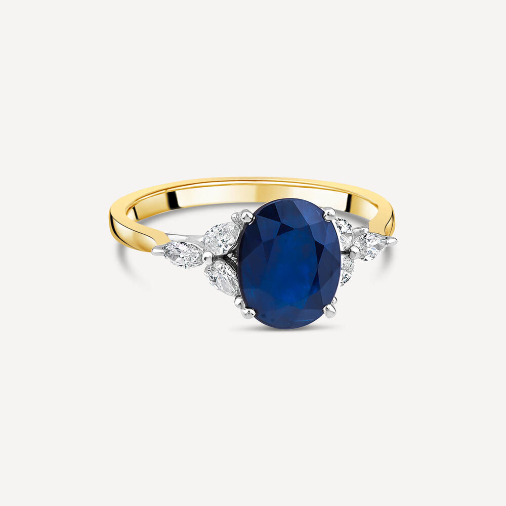9ct Yellow Gold Sapphire Centre 0.30ct Pear & Marquise Diamond Sides Ring image number 2