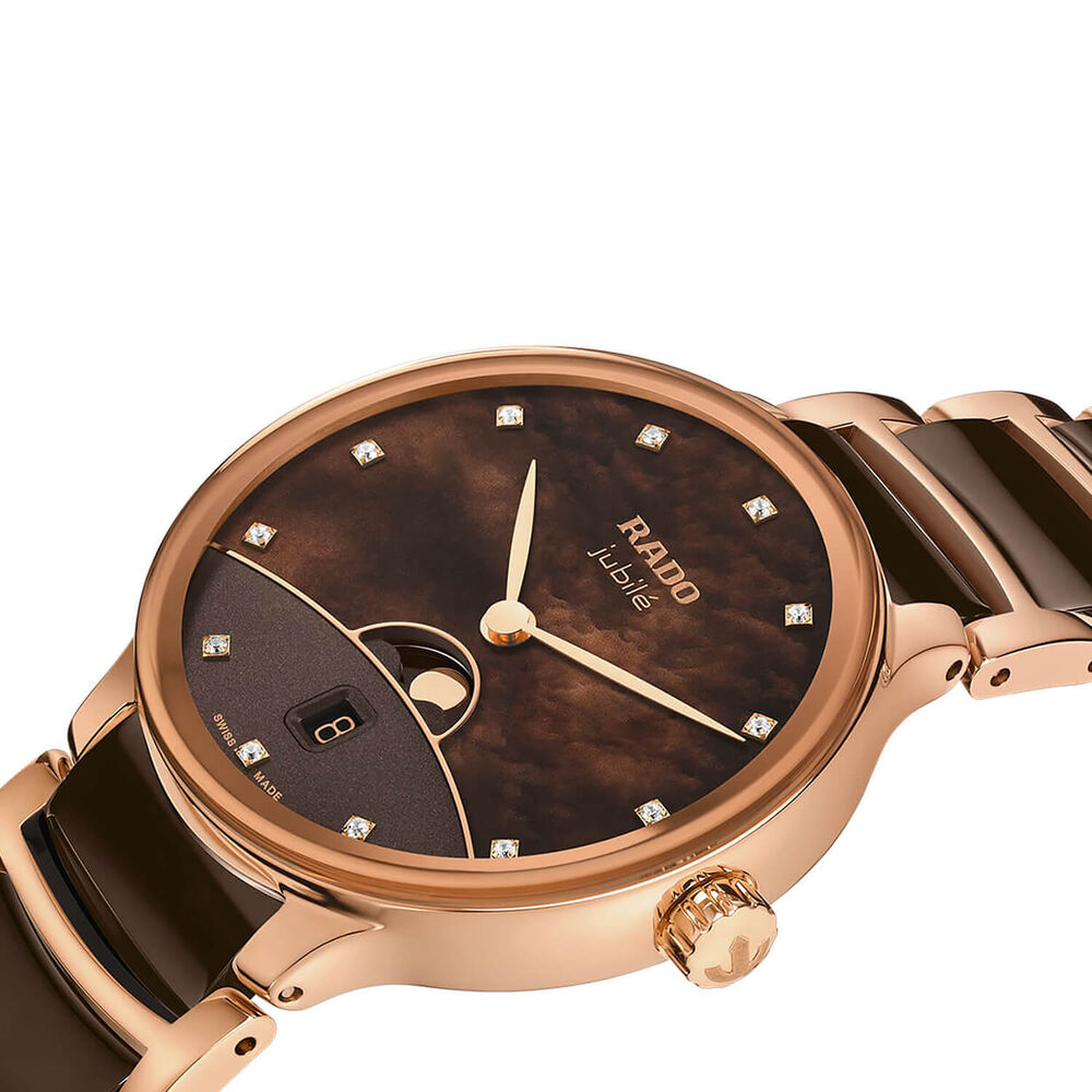 Rado Centrix Moonphase 35mm Brown Dial Rose Gold Plated Steel & Ceramic Bracelet Watch