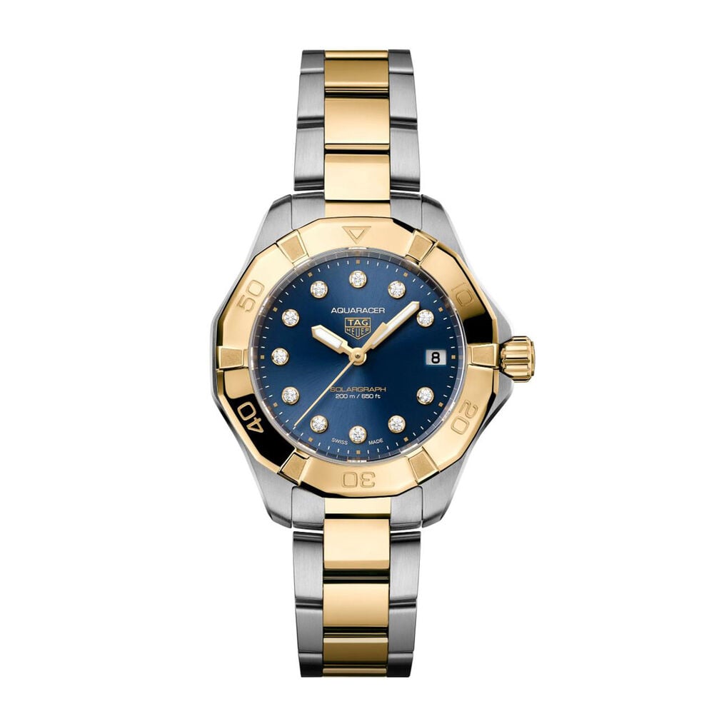 TAG Heuer Aquaracer Professional 200 Solargraph 34mm Blue Dial Diamond Dot Steel Bracelet Watch