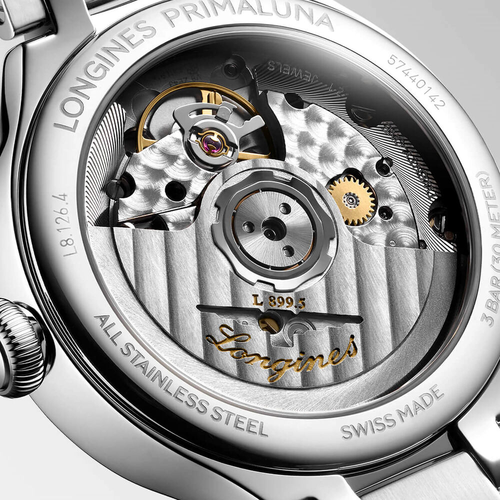 Longines Elegance Primaluna 34mm Moonphase White MOP Dial Diamond Dots Steel Bracelet Watch image number 5