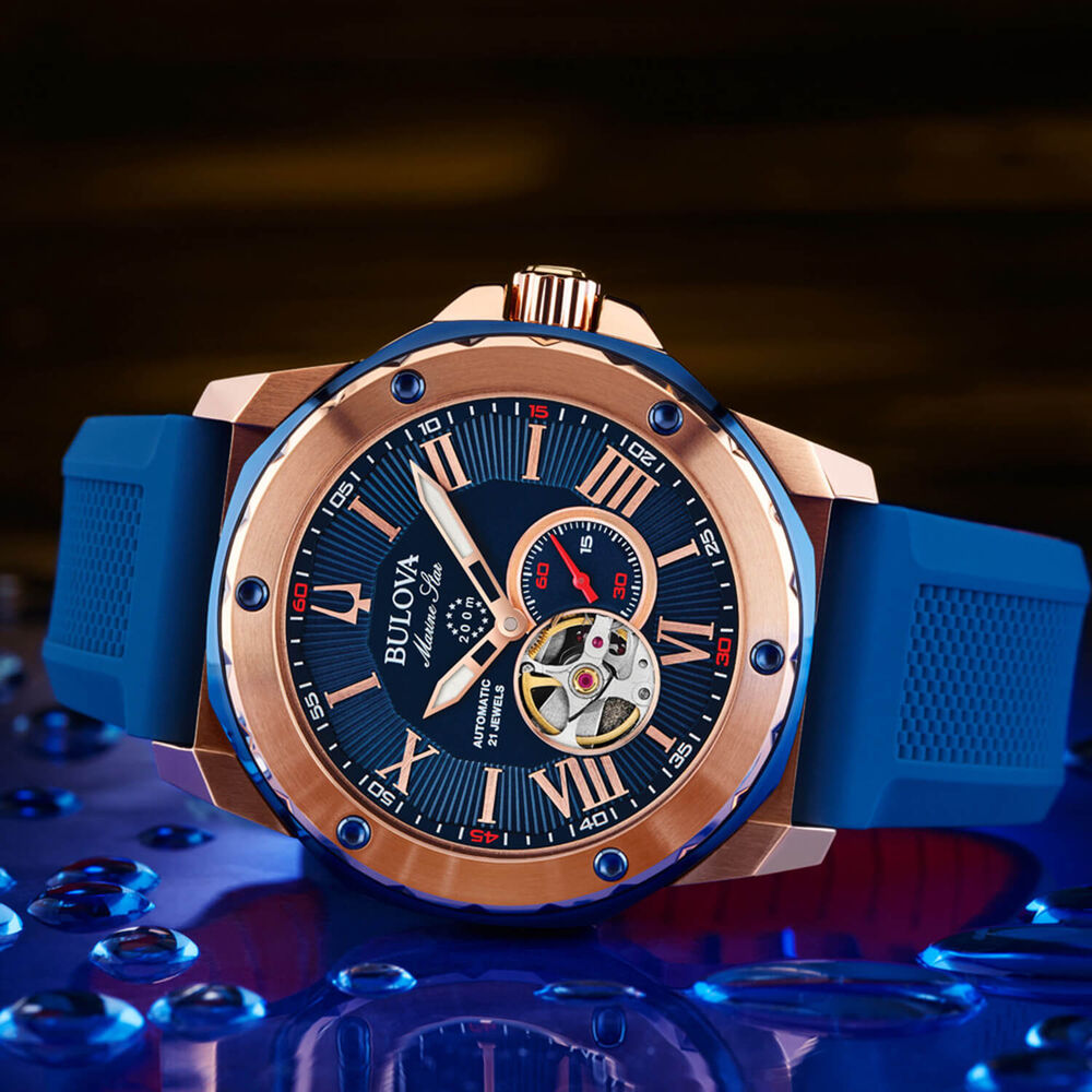 Bulova Marine Star 45mm Automatic Blue Dial Blue Strap Watch image number 5