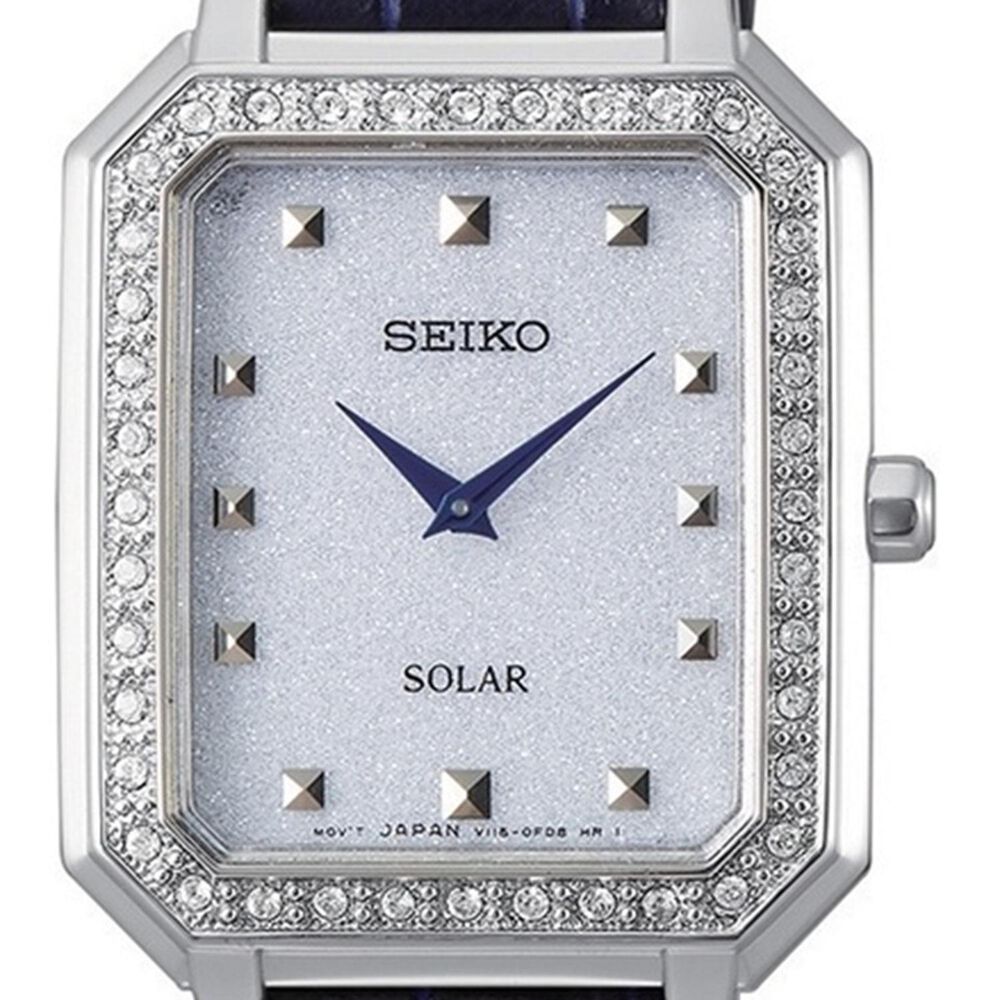 Seiko Solar 25mm Rectangular Dial Crystal Stone Set Bezel Blue Leather Strap Watch