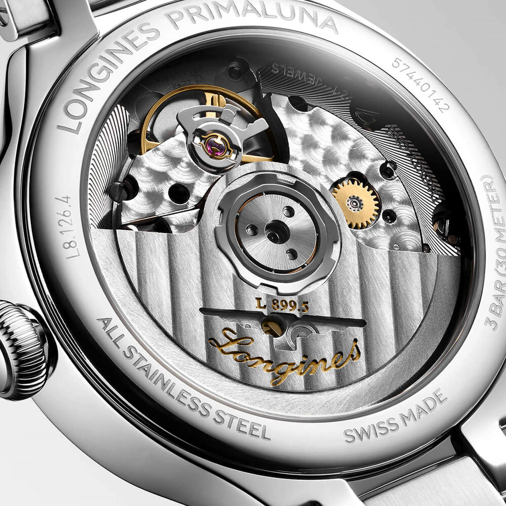 Longines Elegance Primaluna 34mm Silver Dial Moonphase Date Steel Bracelet Watch image number 5