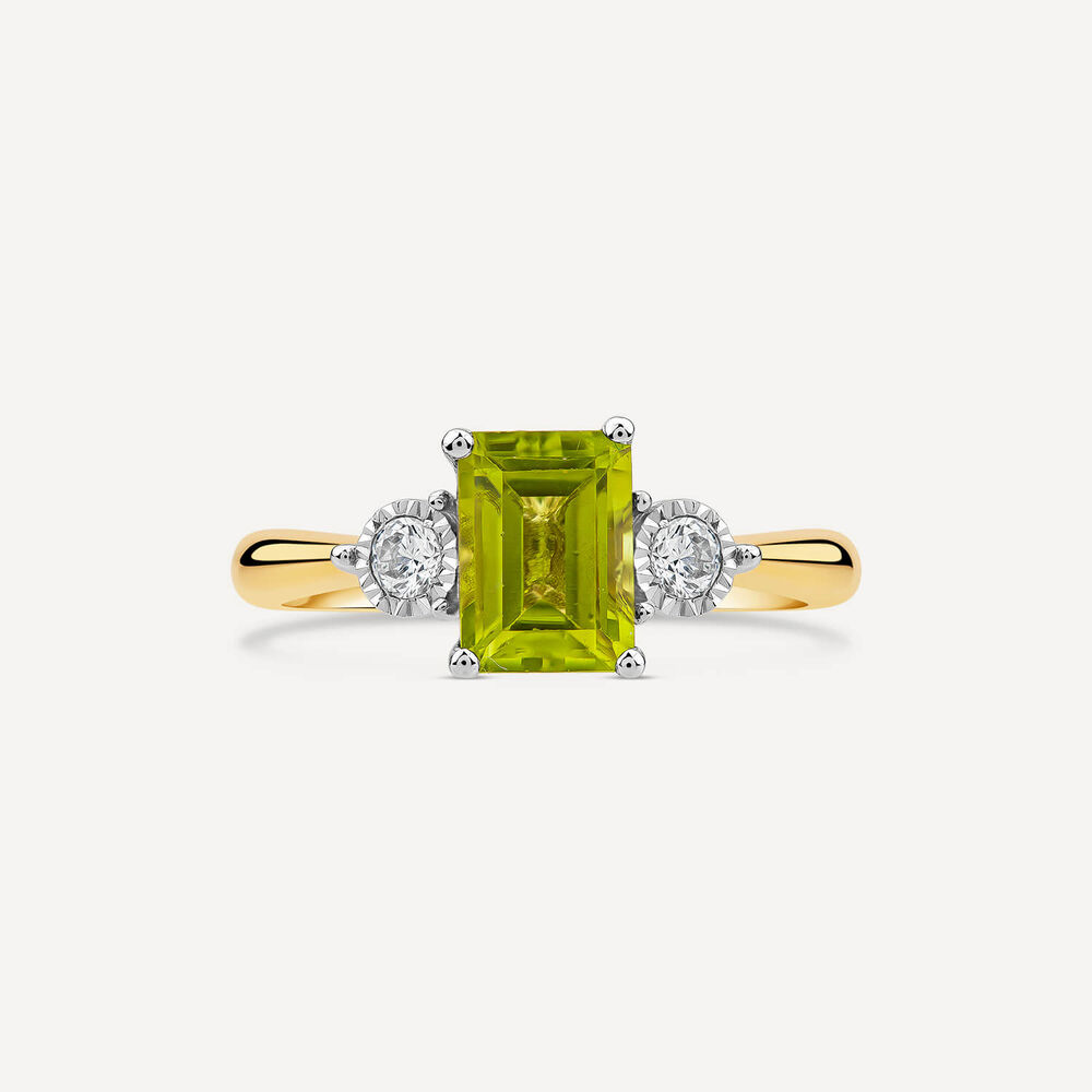 9ct Yellow Gold Emerald Cut Peridot 0.12ct Diamond Sides Ring image number 1