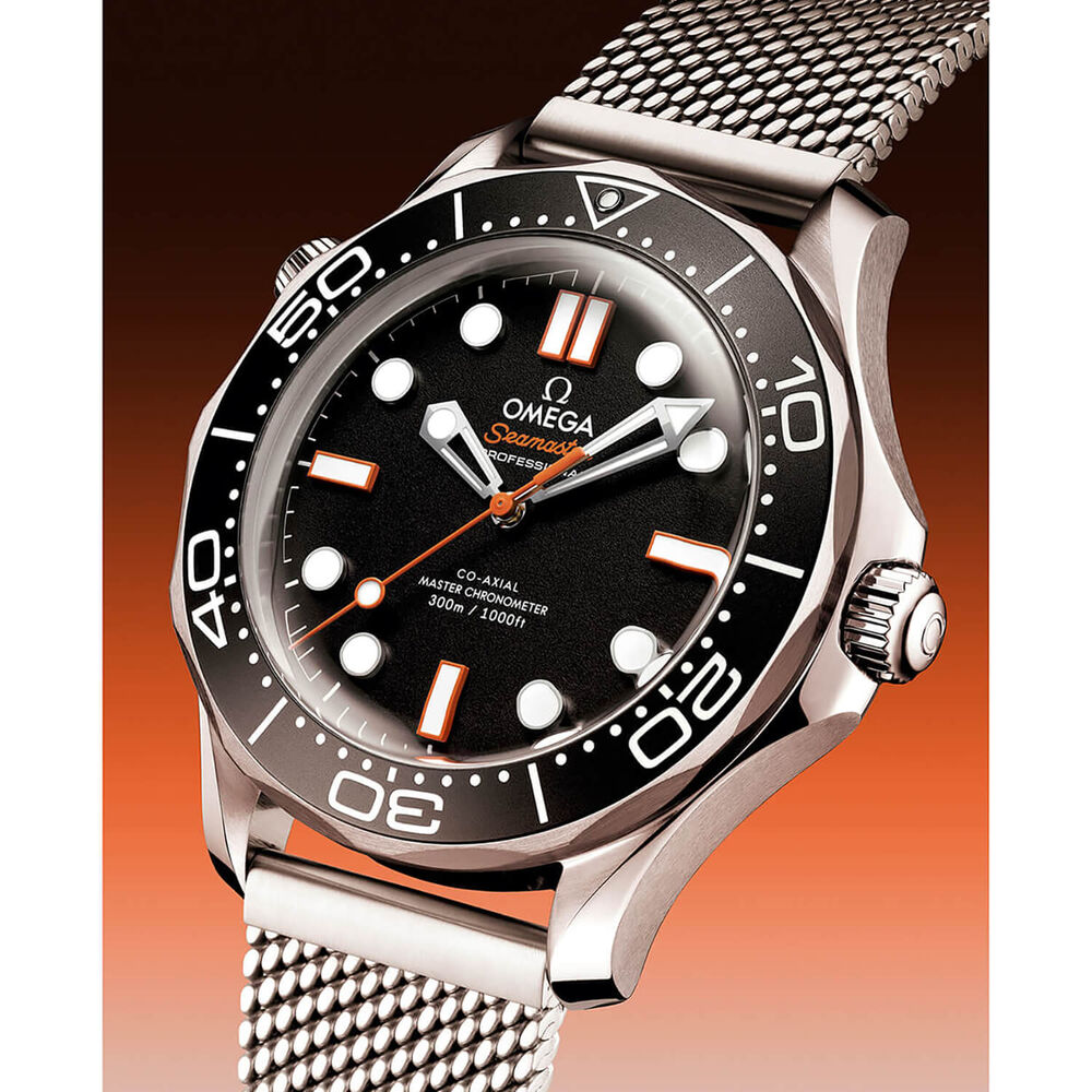 OMEGA Seamaster Diver 300M 42mm Black Dial Orange Details Steel Mesh Bracelet Watch image number 5
