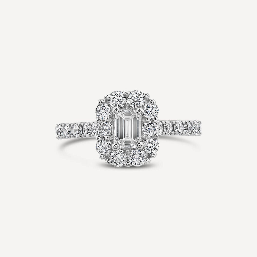 Platinum 1.12ct Emerald Cut Centre Diamond Halo & Shoulders Engagement Ring image number 1