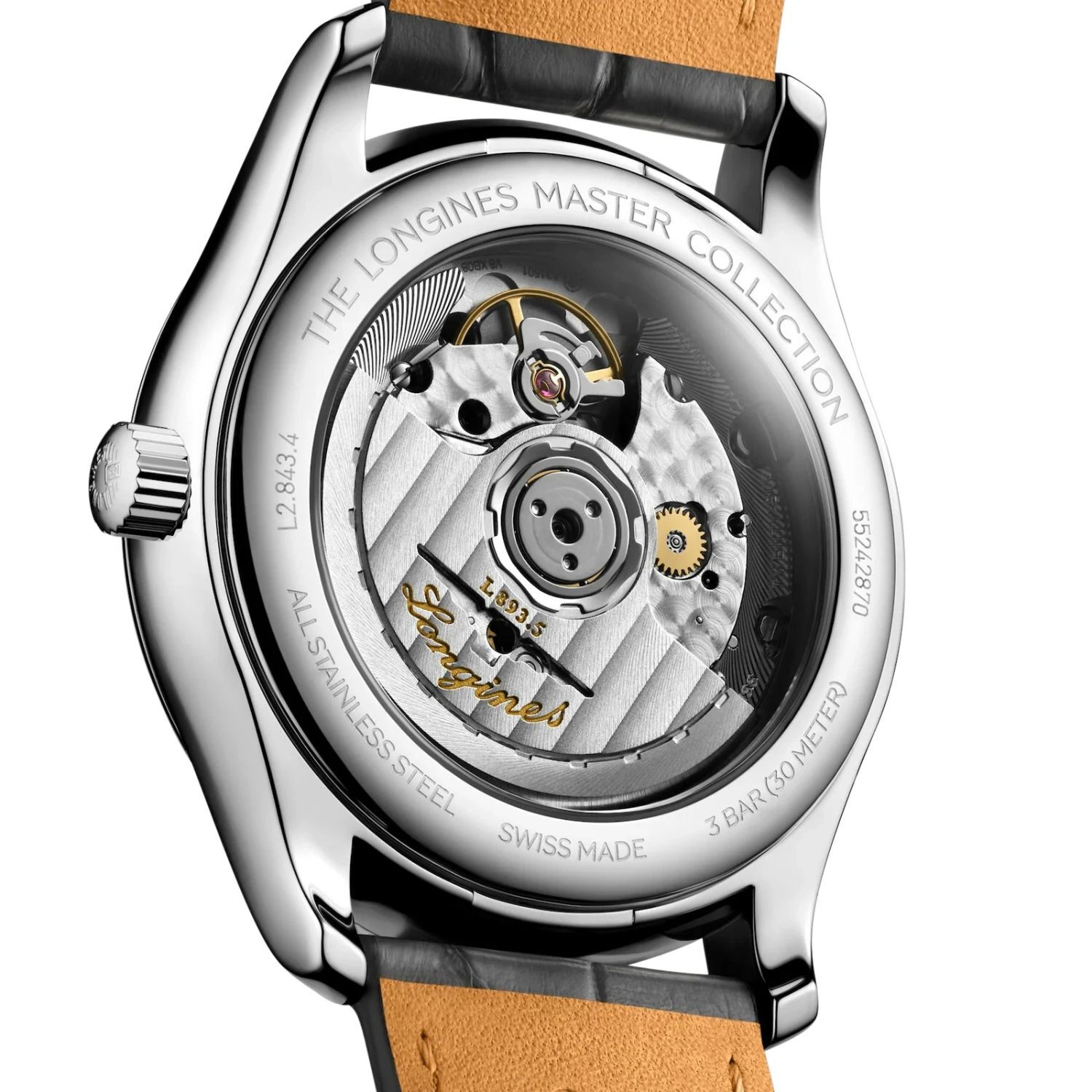 The Longines Master Collection 38.5mm Salmon Dial Black Leather Strap Watch