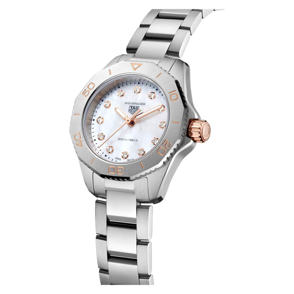 TAG Heuer Aquaracer Professional 200 30mm MOP Dial Diamond Rose Gold Hands Steel Bracelet Watch image number 1