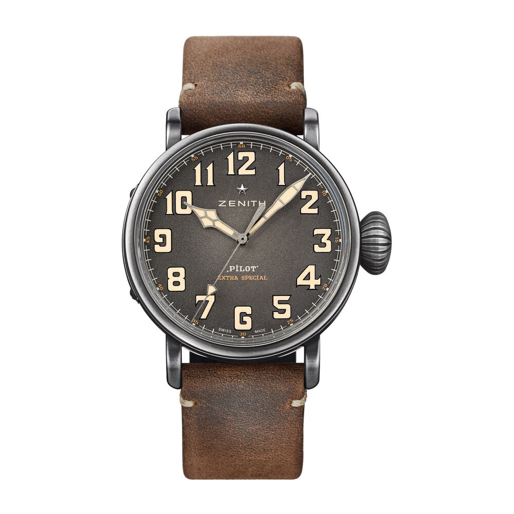 Pre-Owned Zenith Pilot 45mm Grey Dial Brown Leather Strap Watch image number 0