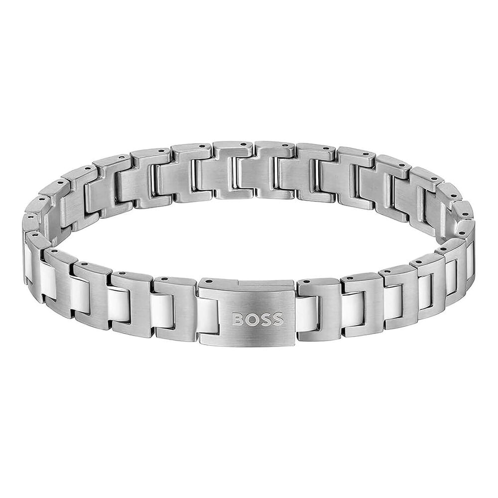 BOSS Candor Silver Tone Link Logo Closure Steel Bracelet image number 0