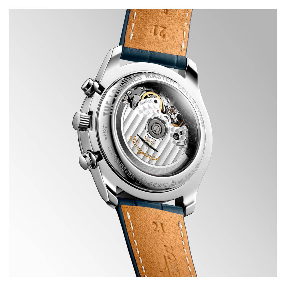 Pre-Owned Longines Master Collection Chrono Moonphase 40mm Blue Dial Leather Strap Watch image number 6