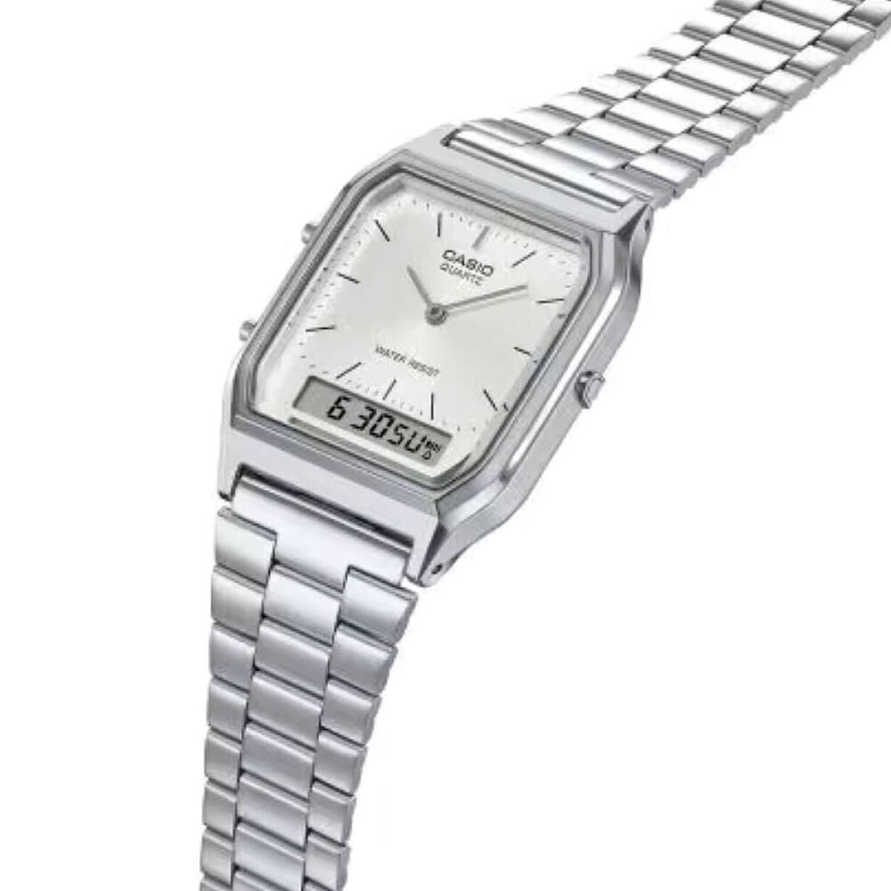 Casio Vintage 38.8x29.8mm Silver Dial Dual Display Stainless Steel Bracelet Watch image number 2