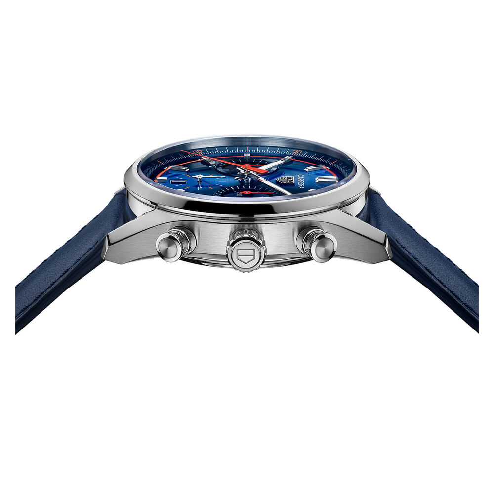TAG Heuer Carrera Chronograph 42mm Blue Dial Red Details Leather Strap Watch image number 3