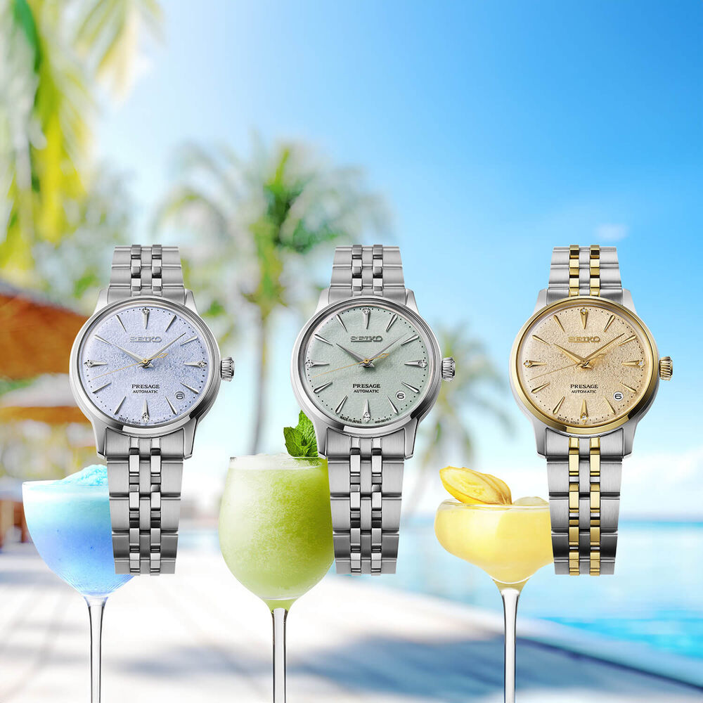 Seiko Presage 'Frozen Skydiving' Diamond Cocktail Time 34mm Blue Dial Steel Bracelet Watch image number 6