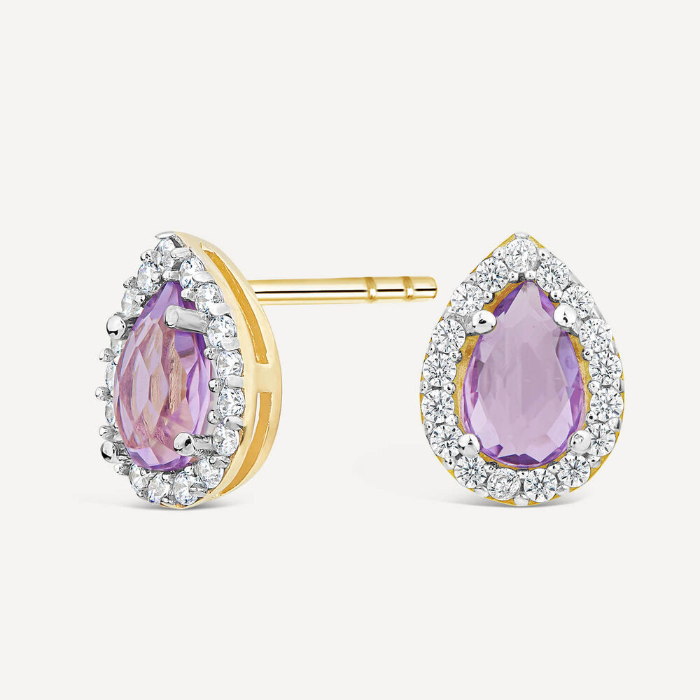 9ct Yellow Gold Pear Amethyst & Cubic Zirconia Stud Earrings image number 1
