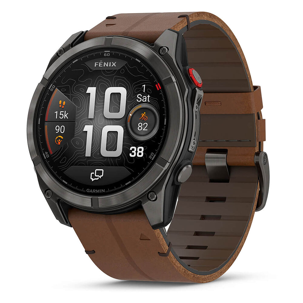Garmin fenix 8 Pro AMOLED 51mm Carbon Grey DLC Titanium Case Brown Leather Strap Watch