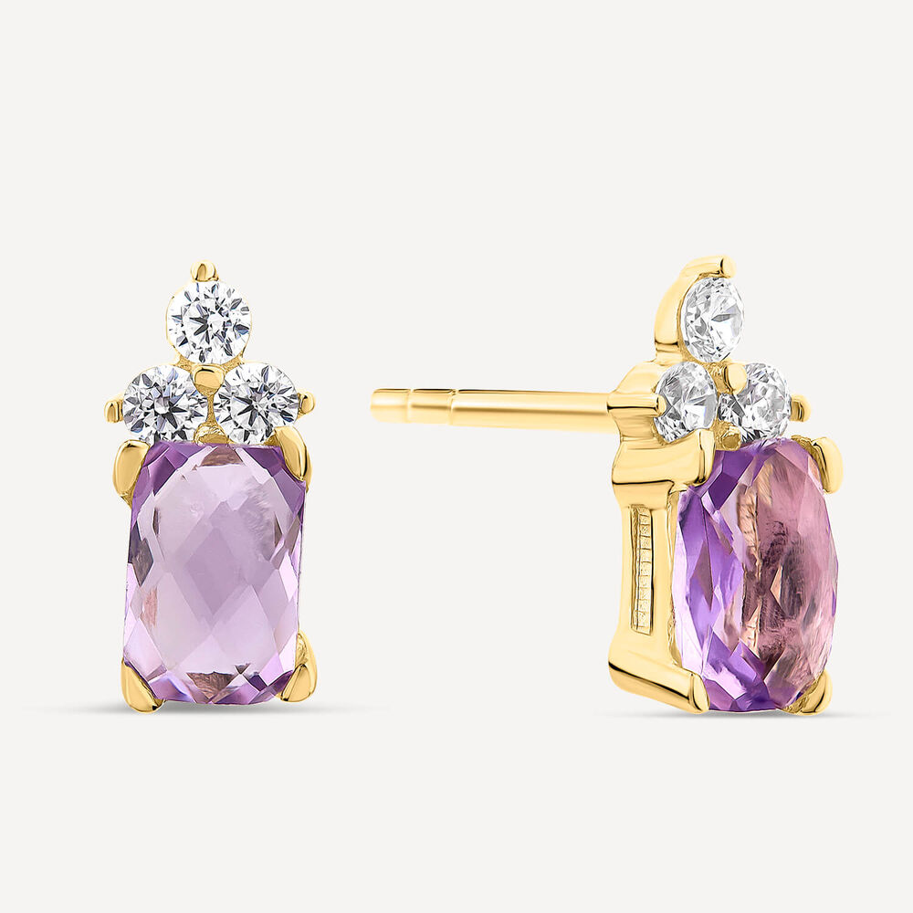 9ct Yellow Gold Rectangular Amethyst & Cubic Zirconia Trefoil Top Stud Earrings image number 1