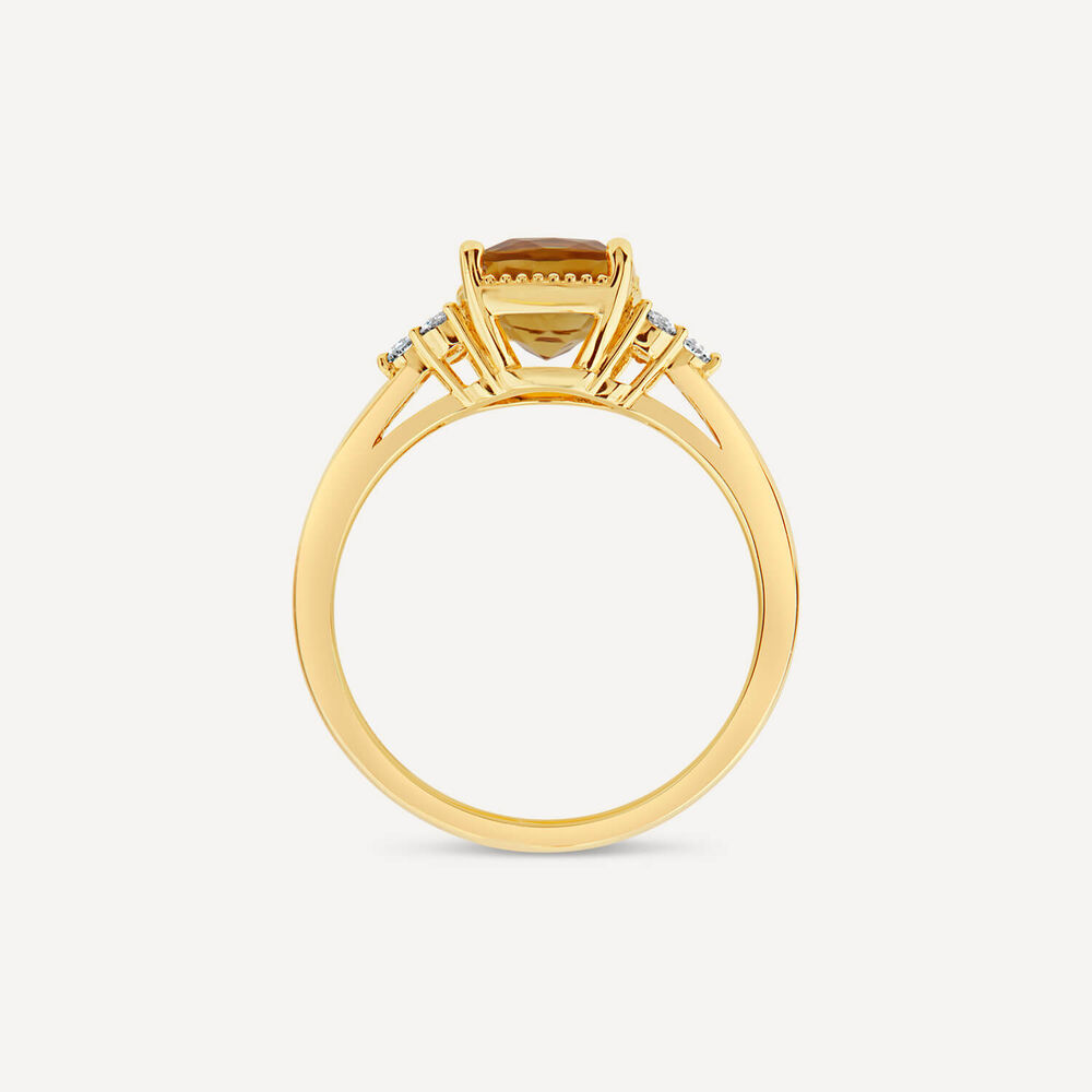 9ct Yellow Gold Cushion Citrine & 0.13ct Diamond Trefoil Sides Ring image number 3
