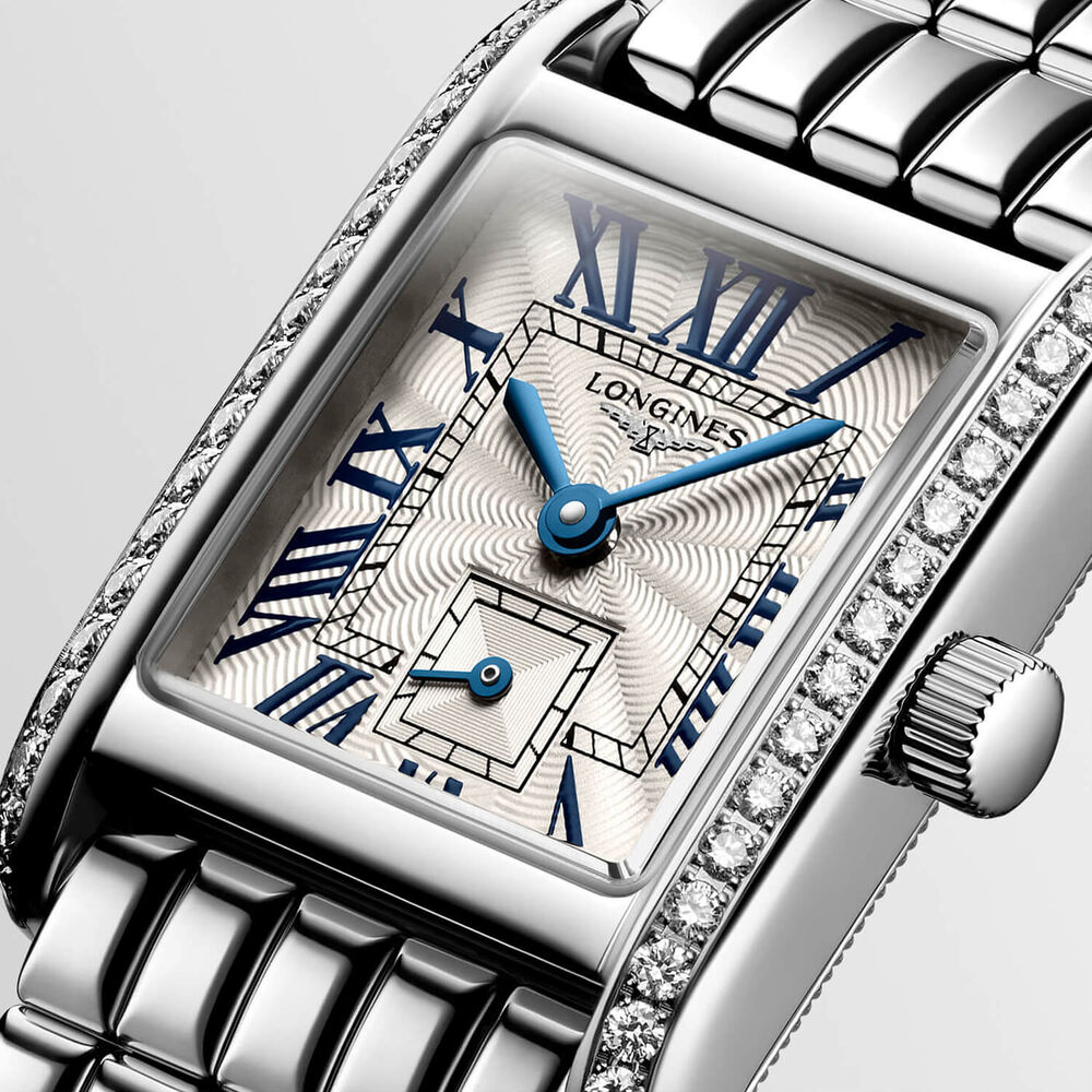 Longines MiniDolcevita 2023 29 X 21.50mm Silver "flinqu&eacute;" Blue Hands Dial Diamond Case Watch