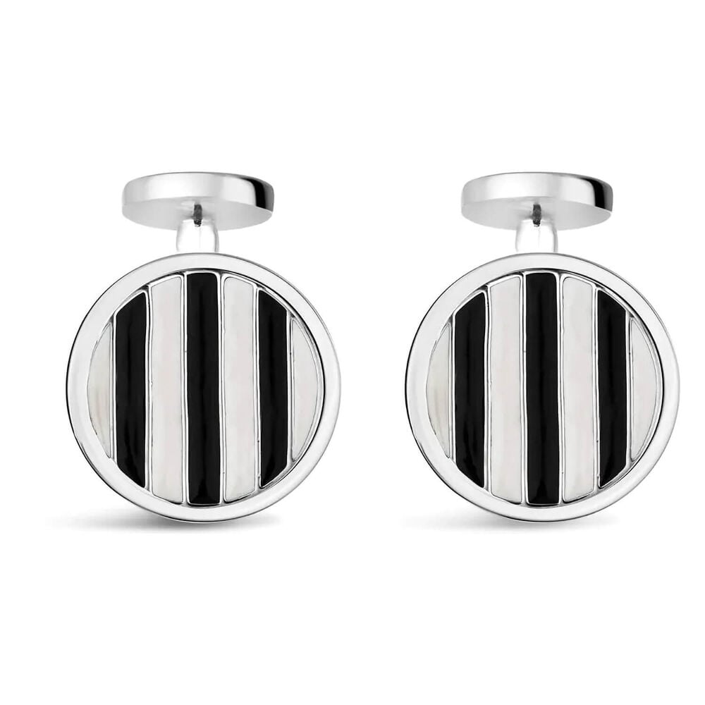 Gents Sterling Silver Black & White Stripe Round Cufflinks image number 0