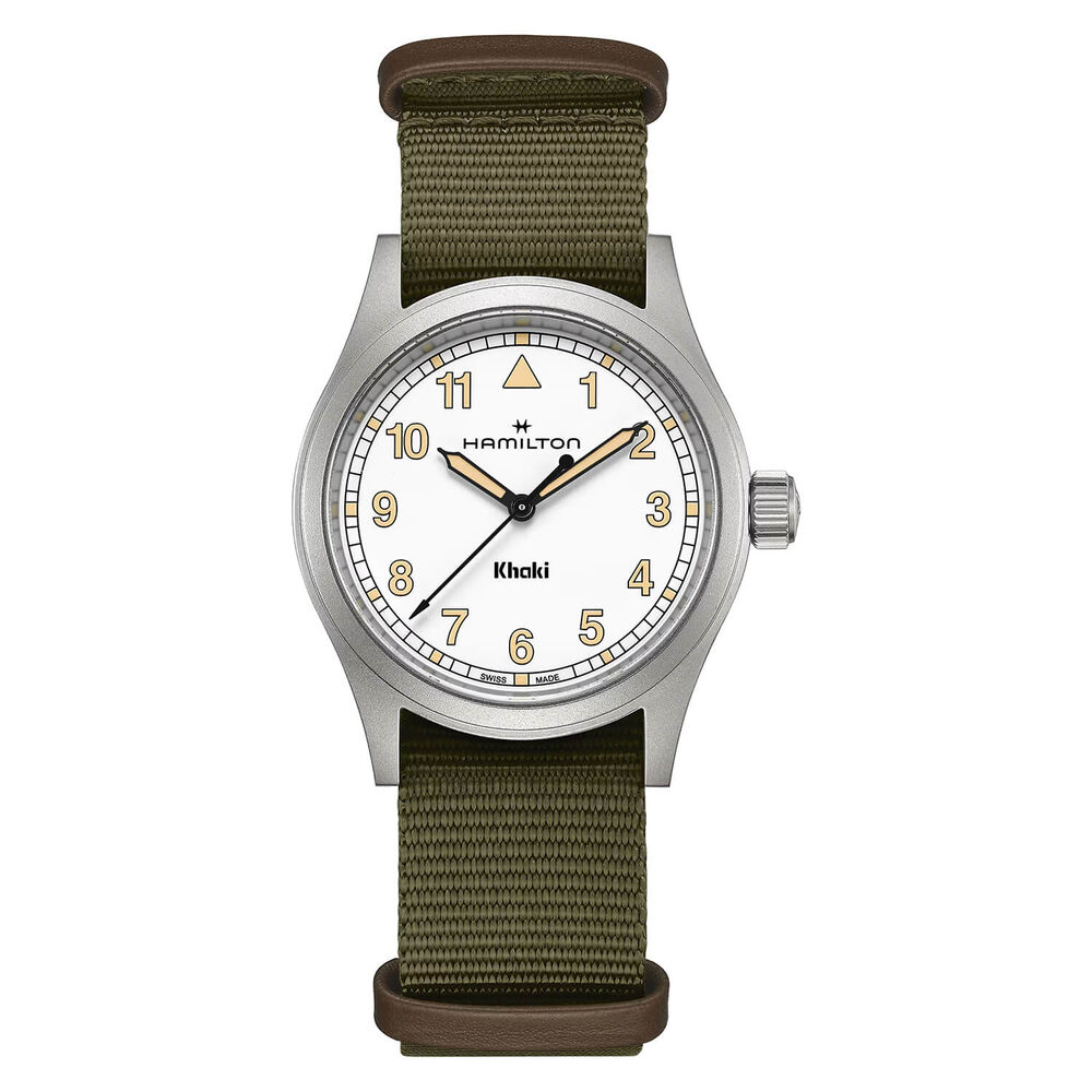 Hamilton Khaki Field Quartz 38mm White Dial Steel Case Green Strap Watch image number 0