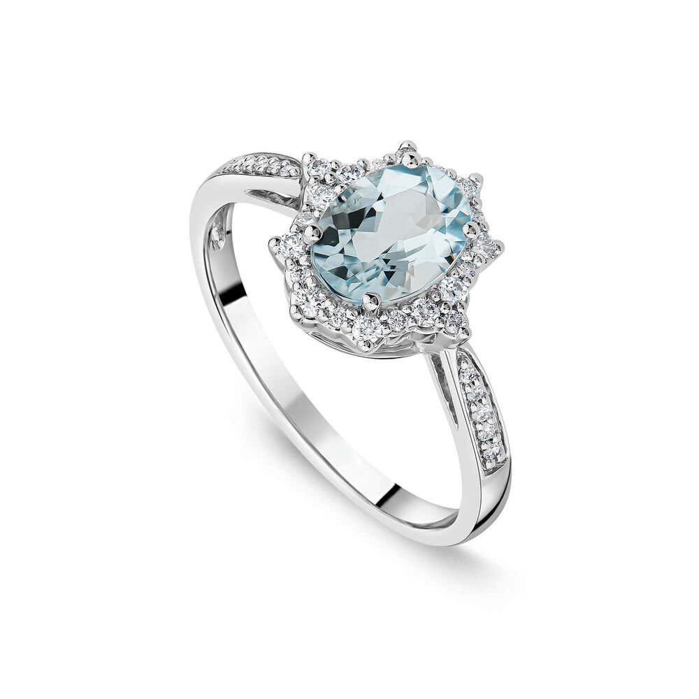 9ct White Gold 0.19ct Oval Aquamarine & Diamond Star Halo Ring