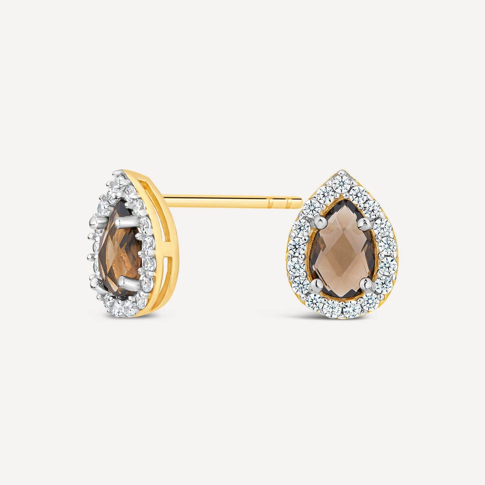 9ct Yellow Gold Pear Smokey Quartz & Cubic Zirconia Stud Earrings