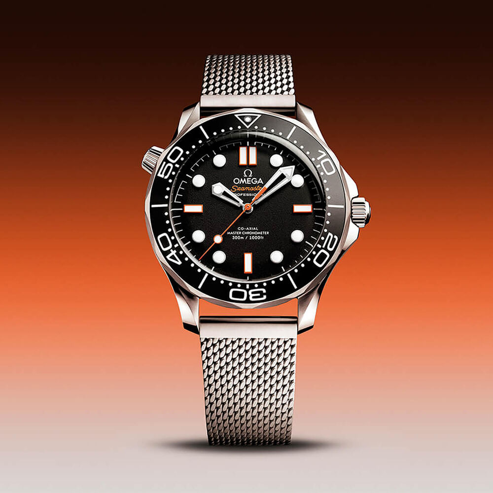 OMEGA Seamaster Diver 300M 42mm Black Dial Orange Details Steel Mesh Bracelet Watch image number 4