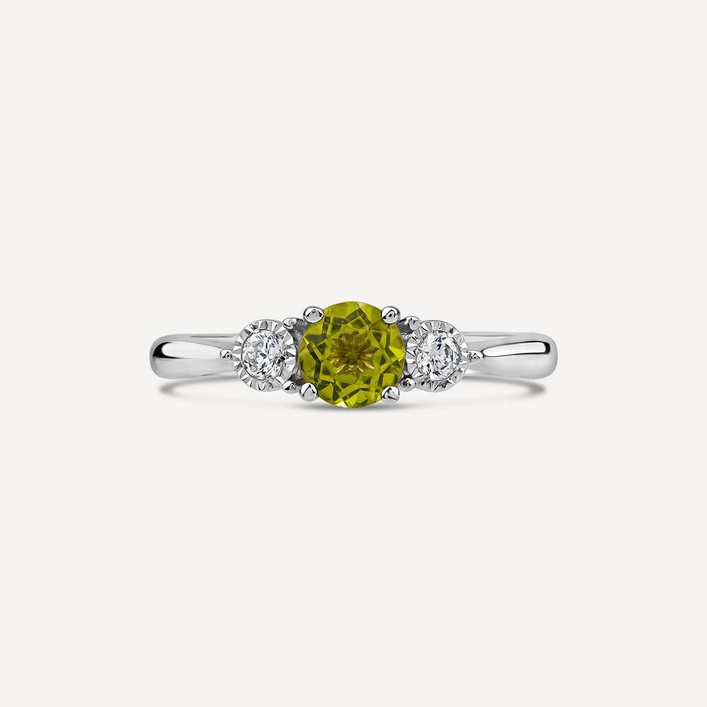 9ct White Gold Round Peridot 0.12ct Diamond Sides Stone image number 1