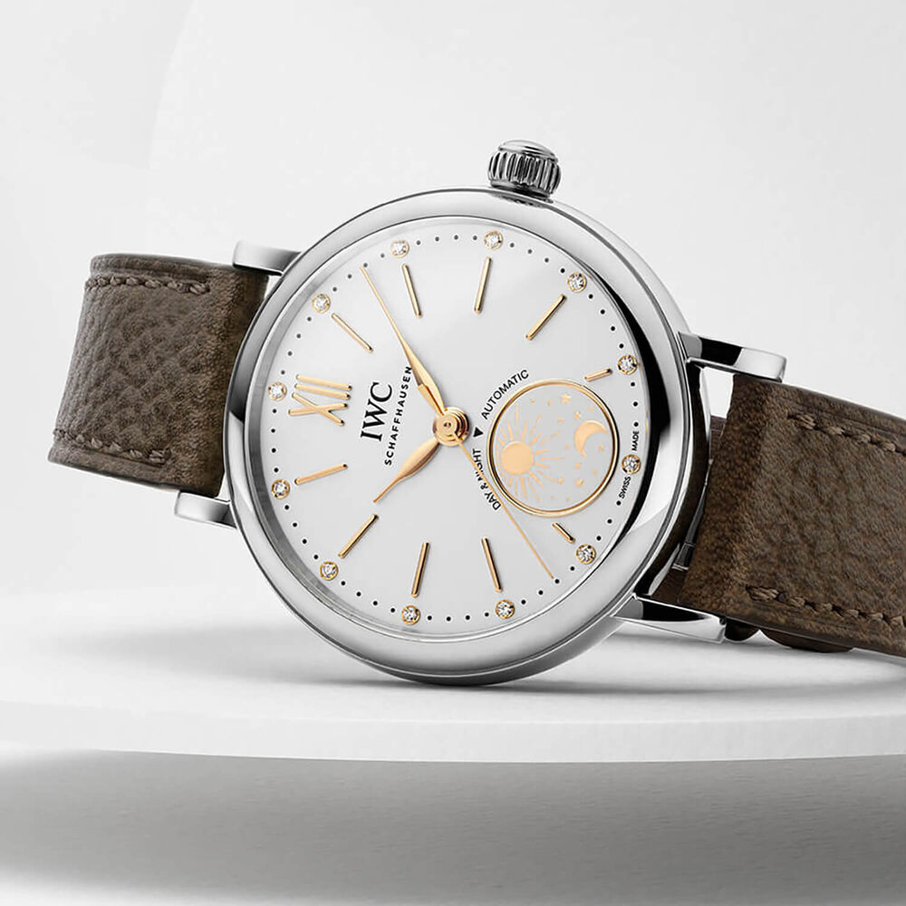 IWC Schaffhausen Portofino Automatic Day & Night 34mm White Dial Taupe Leather Strap Watch image number 6