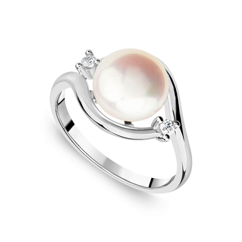 9ct White Gold Freshwater Pearl Cubic Zirconia Sides Ring image number 0