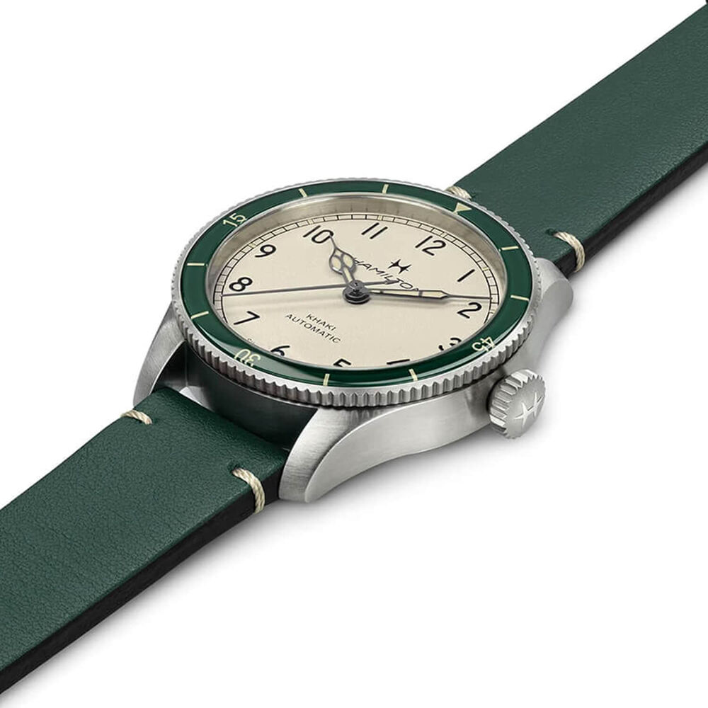 Khaki Aviation Pilot Pioneer 38mm White Dial Green Leather Strap Watch image number 2