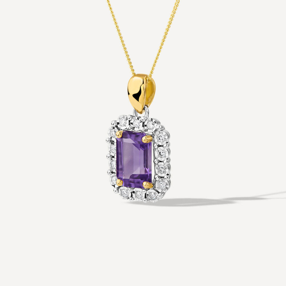 9ct Yellow Gold Rectangular Amethyst 0.06ct Diamond Halo Pendant