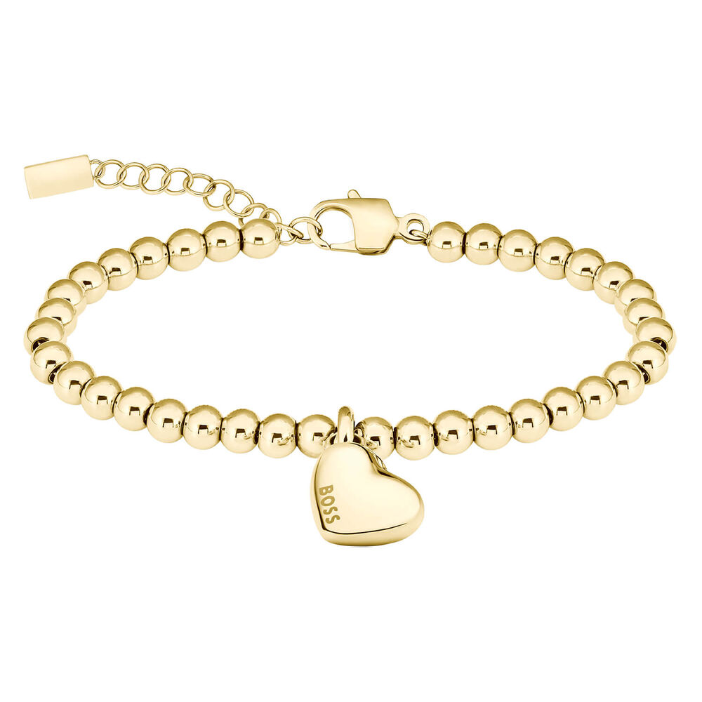 BOSS Yellow Gold IP Stainless Steel Heart Pendant Beaded Bracelet