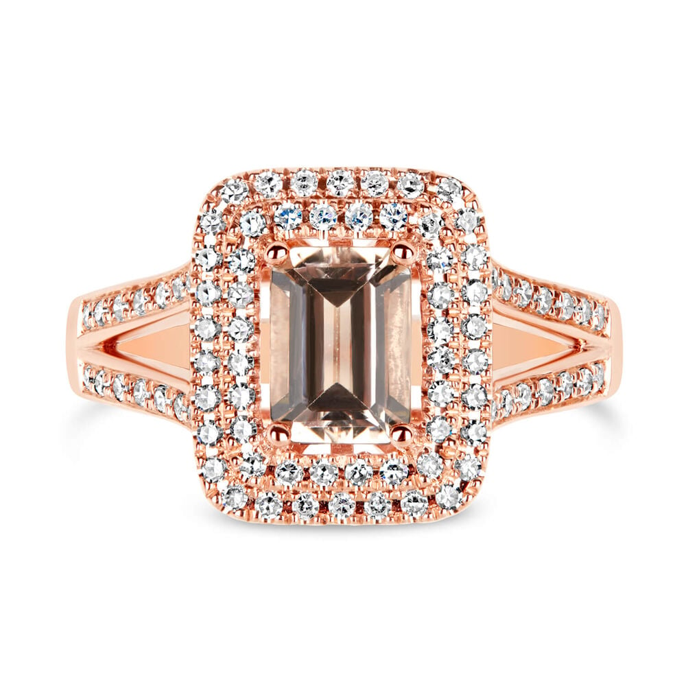 9ct Rose Gold Diamond and Morganite Emerald Cut Ring image number 1