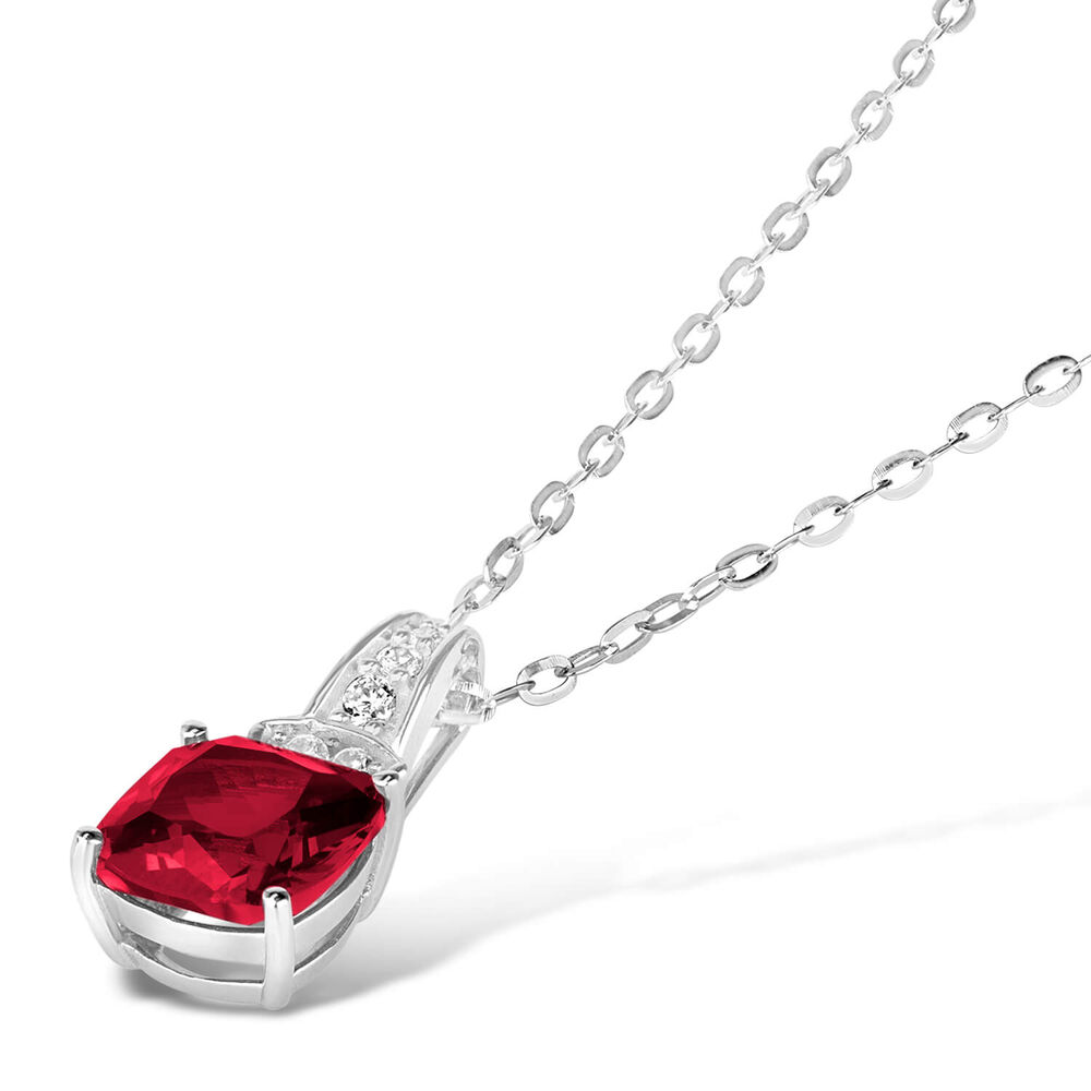 9ct White Gold Cushion Simple Ruby With Cubic Zirconia Bale Ladies Pendant (Chain Included) image number 1