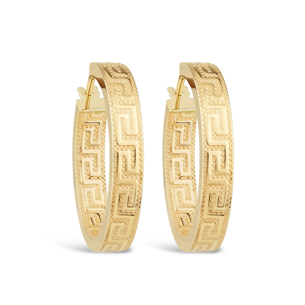 9ct Yellow Gold Greek Key Square Hoop Earrings