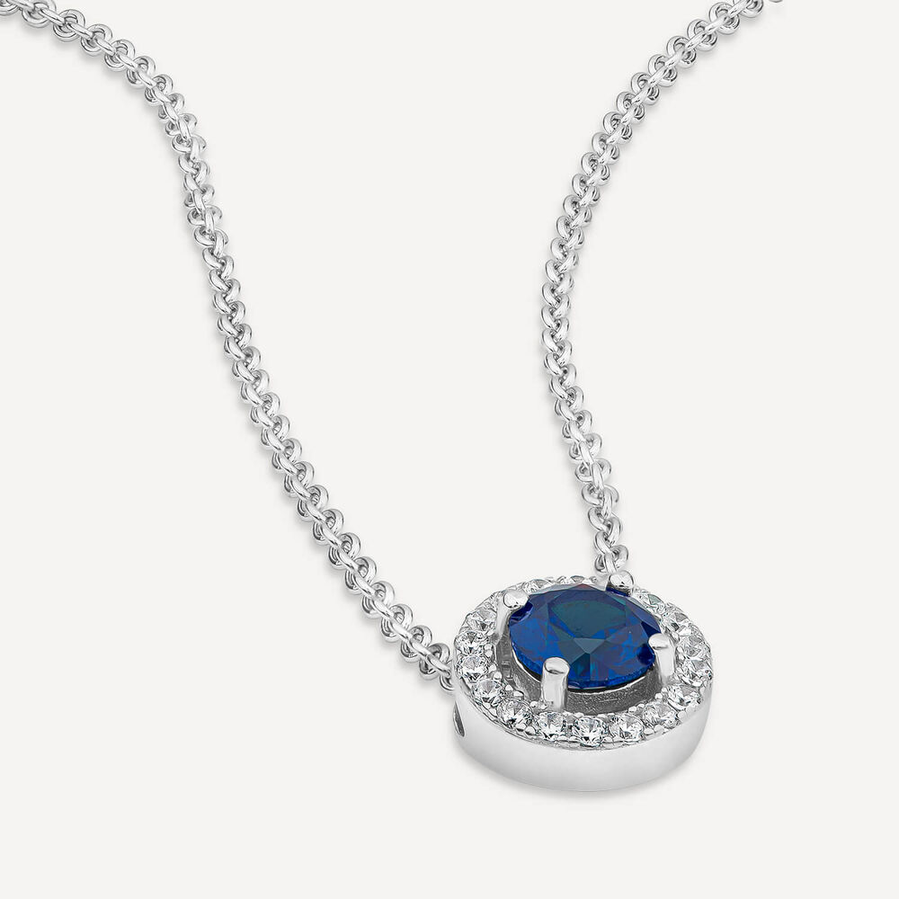 Sterling Silver Blue Centre Stone & Cubic Zirconia Halo Pendant image number 3