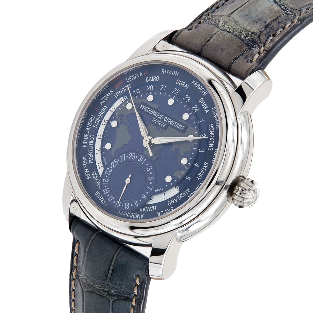Pre-Owned Frederique Constant Classics Worldtimer 42mm Blue Dial Leather Strap Watch image number 1