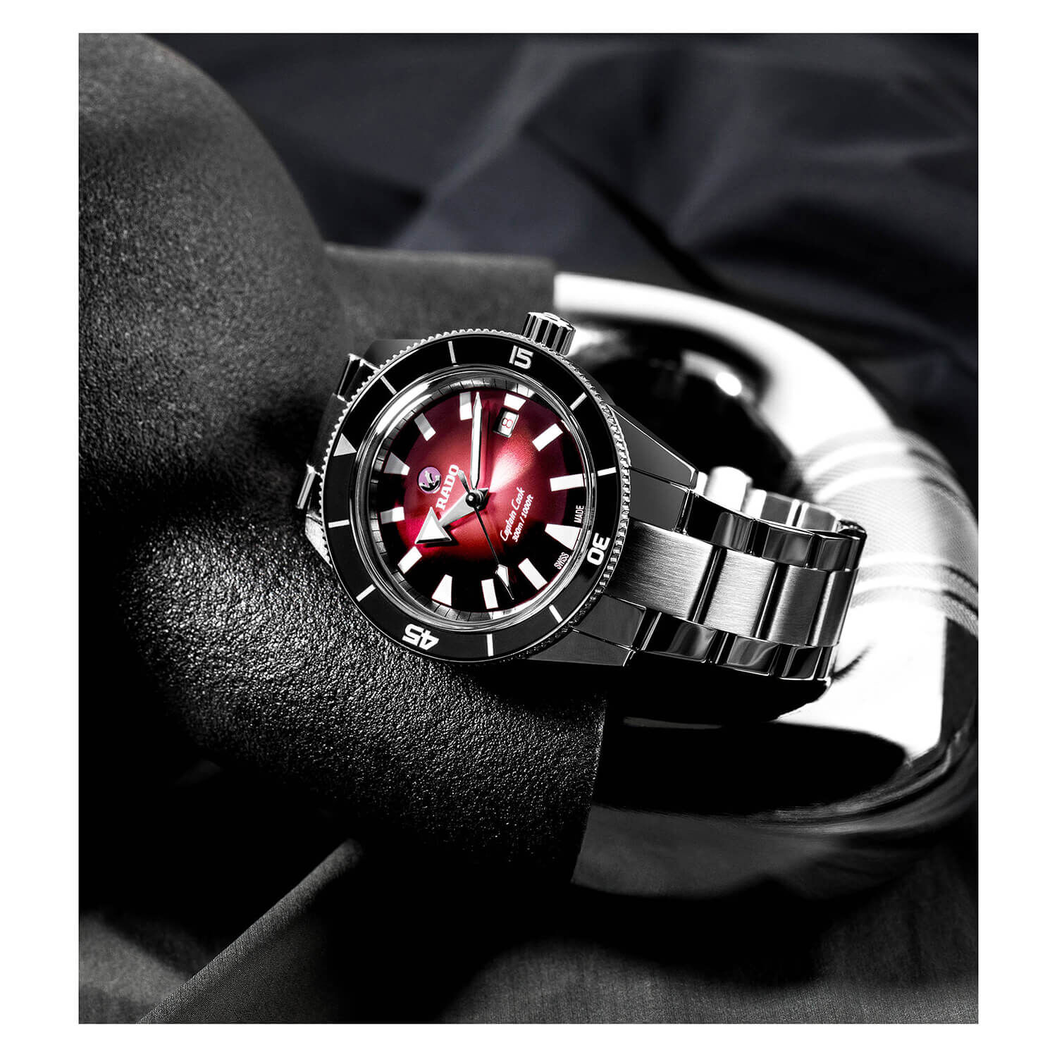 Rado Captain Cook 42mm Automatic Red Dial Steel Case Bracelet Watch