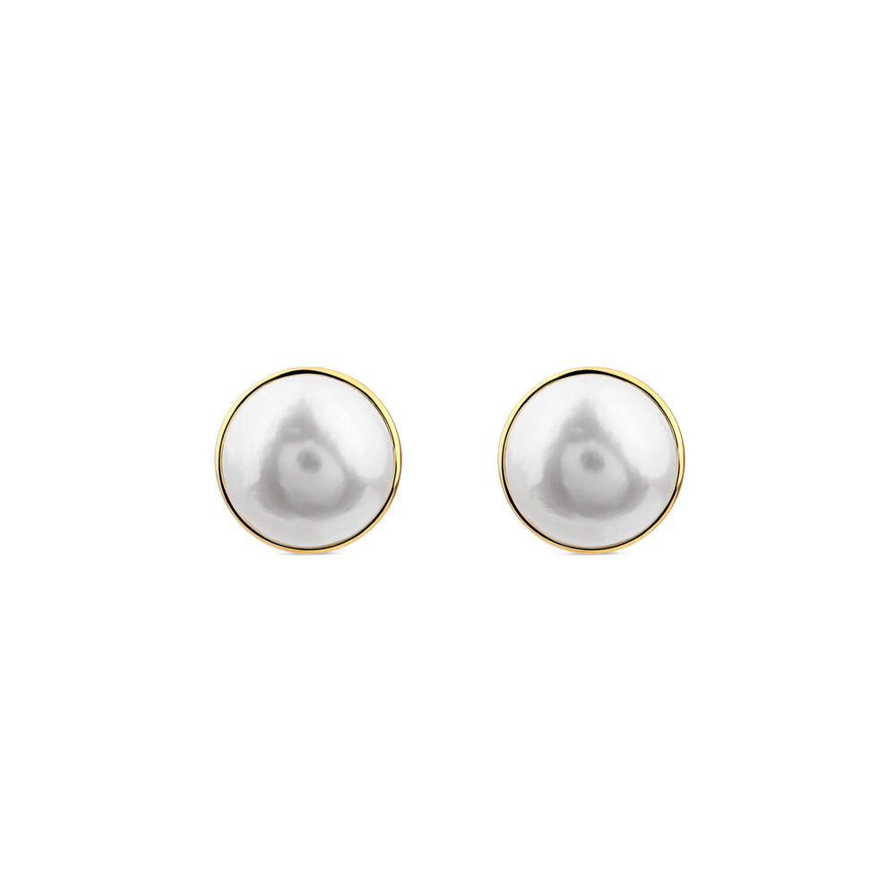 Yellow Gold Plated Sterling Silver Rim Freshwater Pearl Button Stud Earrings image number 0