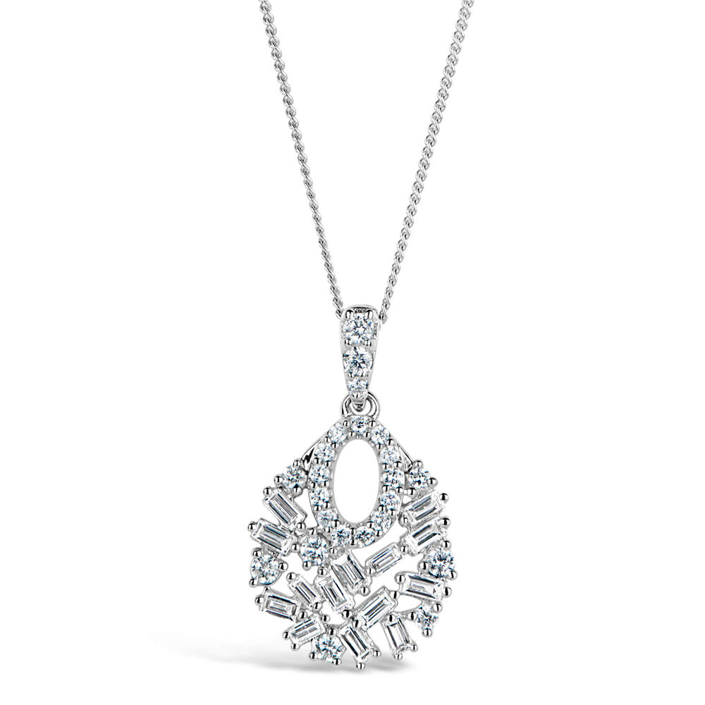 9ct White Gold Diamond Open Oval and Diamond Baguette Cluster Pendant image number 0