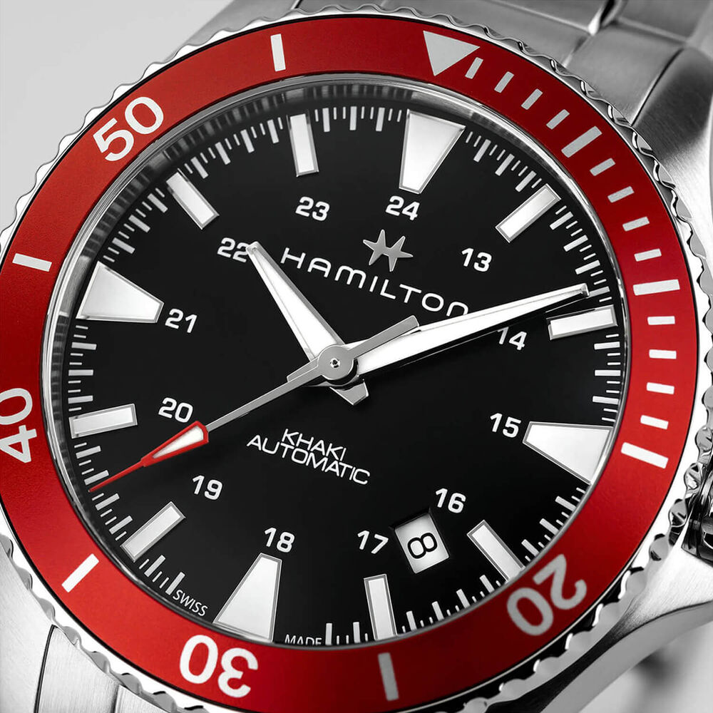 Hamilton Khaki Navy Scuba Auto 40mm Black Dial Red Bezel Steel Bracelet Watch image number 1