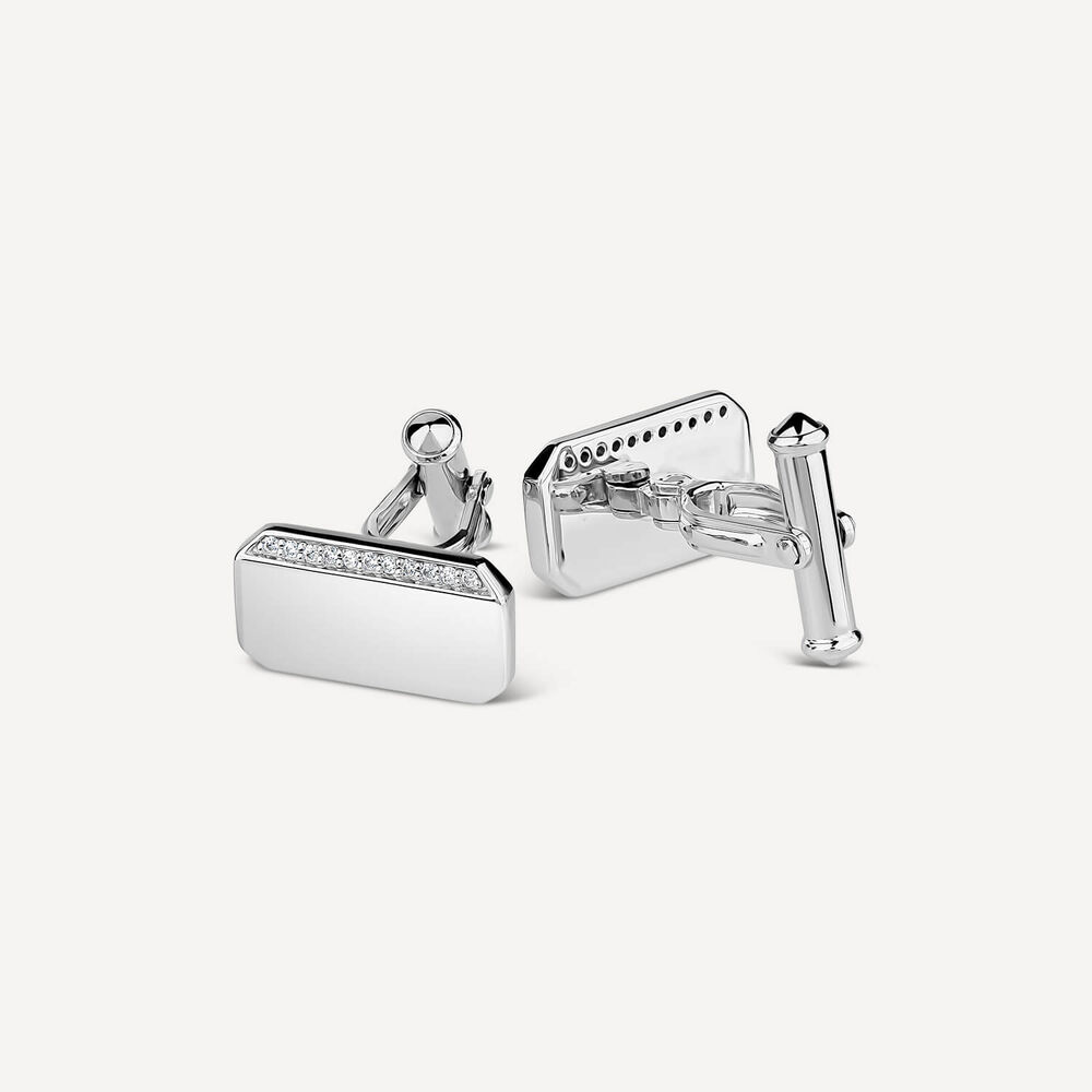 Sterling Silver Rectangular Polished Cubic Zirconia Set One Line Cufflinks image number 2