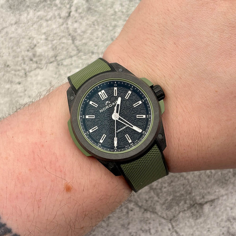 NORQAIN Wild ONE Automatic 42mm Black Dial Khaki Rubber Strap Watch